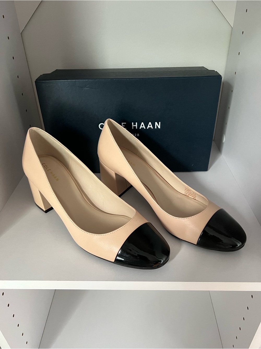 NIB Cole Haan Nude and Black Cap-Toe Block Heel Pumps